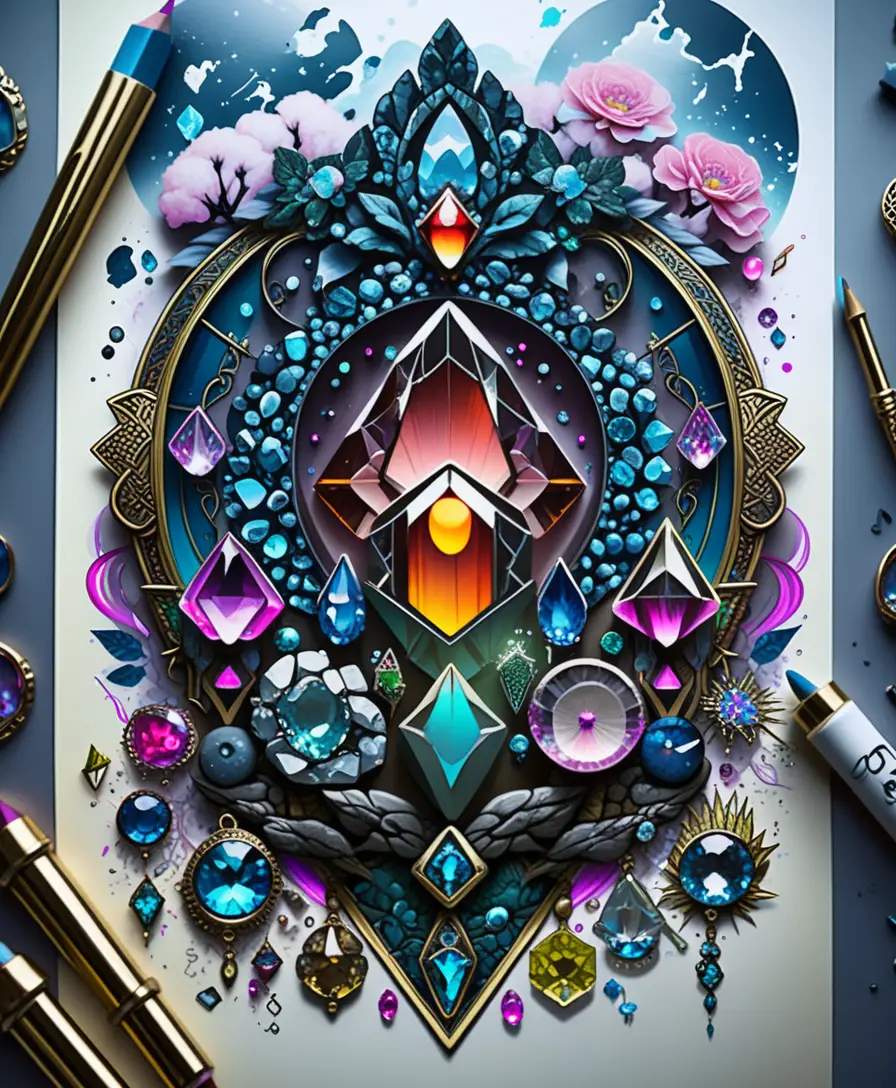 Boho-Goth Edelstein-Tattoo-Illustration mit Neon-Kristallclustern