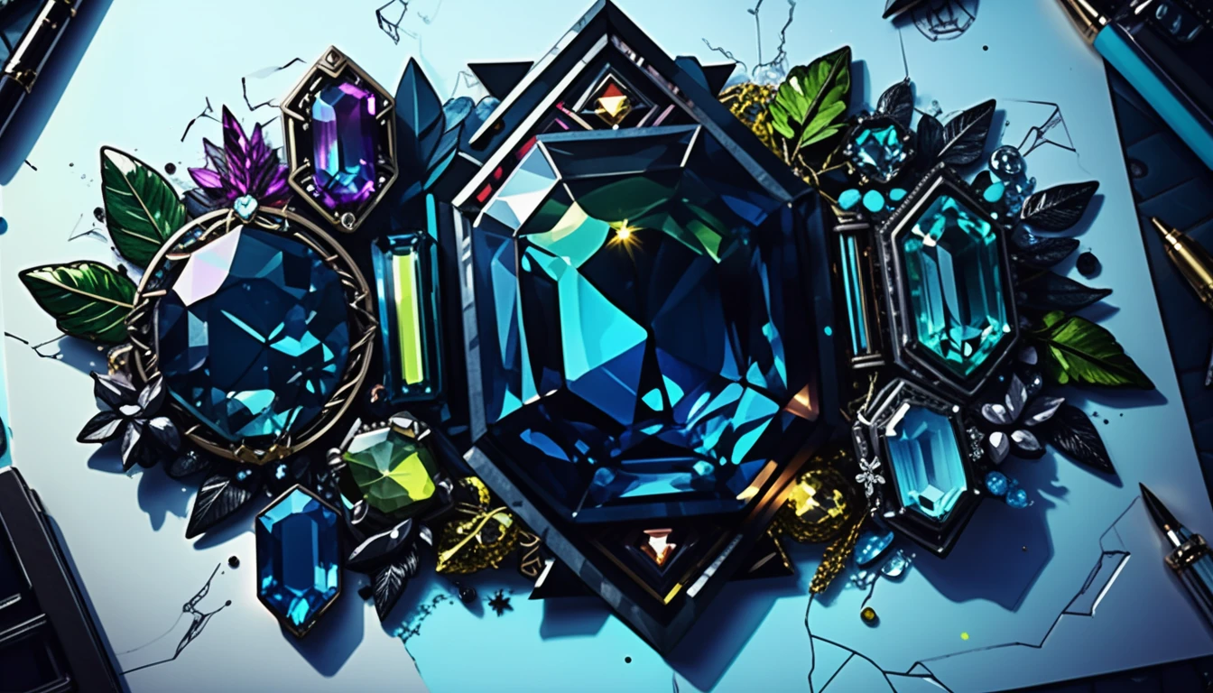 Bohemian goth gemstone jewelry illustration with neon crystals