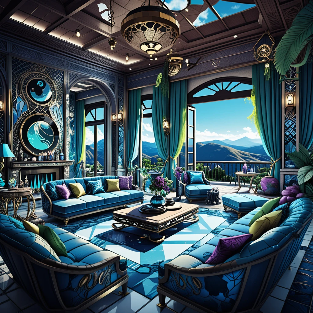 Interior de vila de montanha fantástica em tons de azul e prata