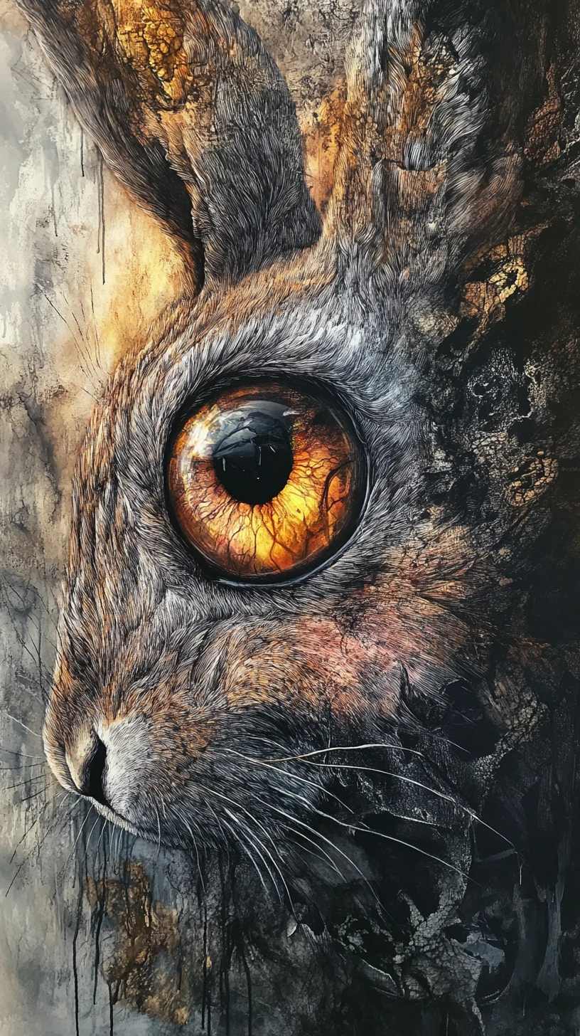 Coelho abstrato em mídia mista com grandes olhos reflexivos