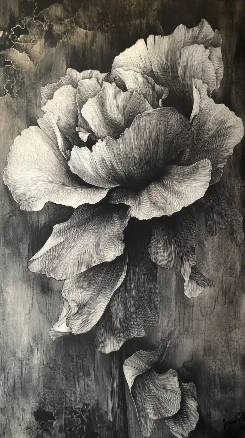 Abstract close up flower in mixed media ink painting