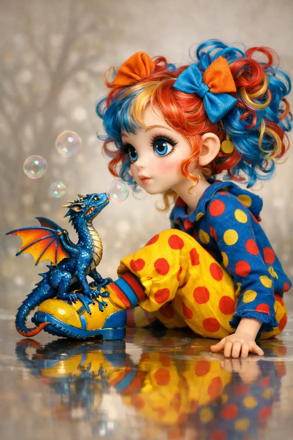 Colorful doll like woman with tiny blue dragon