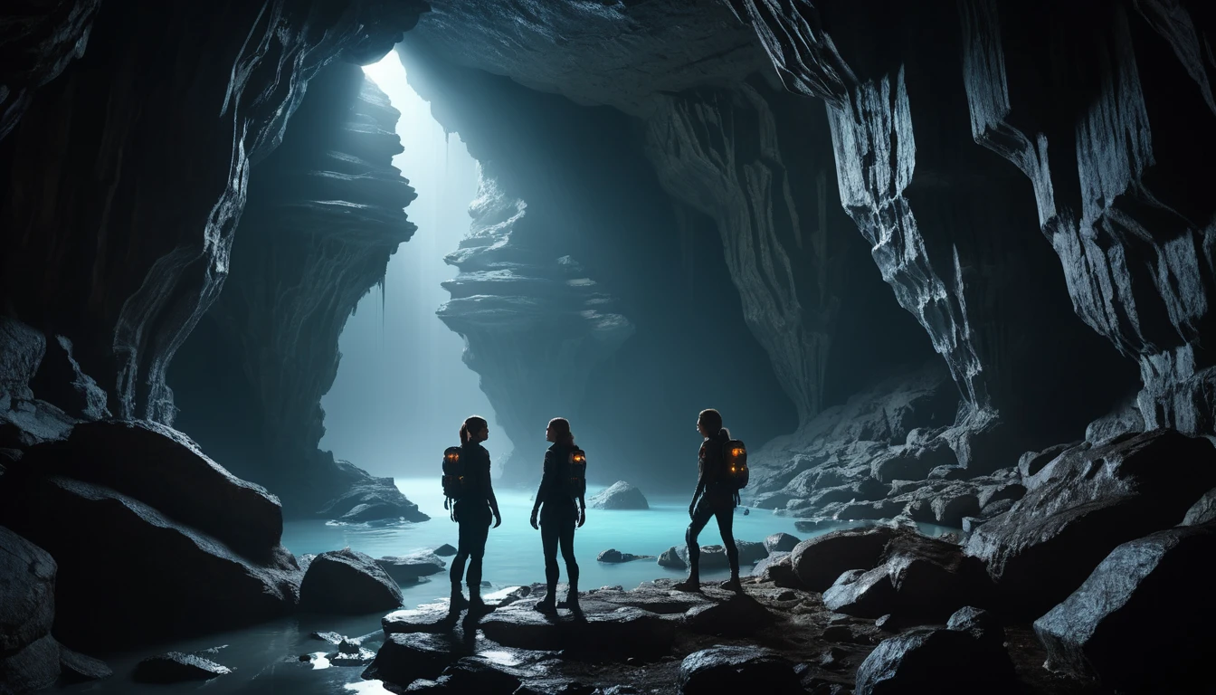 Two women explore a glowing force field in a cavern