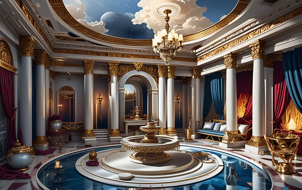 Diorama de vila fantástica opulenta com interior de templo celestial