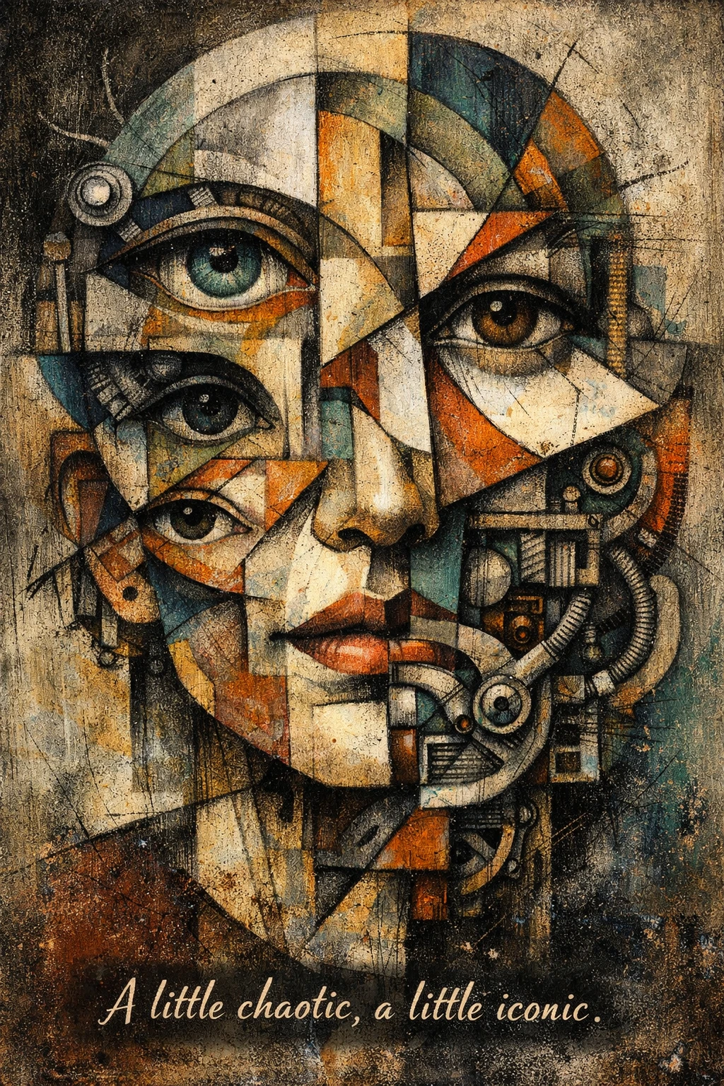 Visage cubiste fragmenté dans une composition abstraite harmonieuse