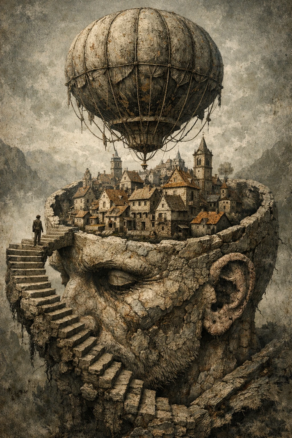 Surreale Menschenkopf-Stadt mit Treppe und Heißluftballon