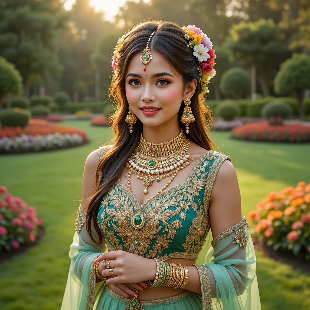 Mulher indiana alegre com traje tradicional ornamentado no jardim