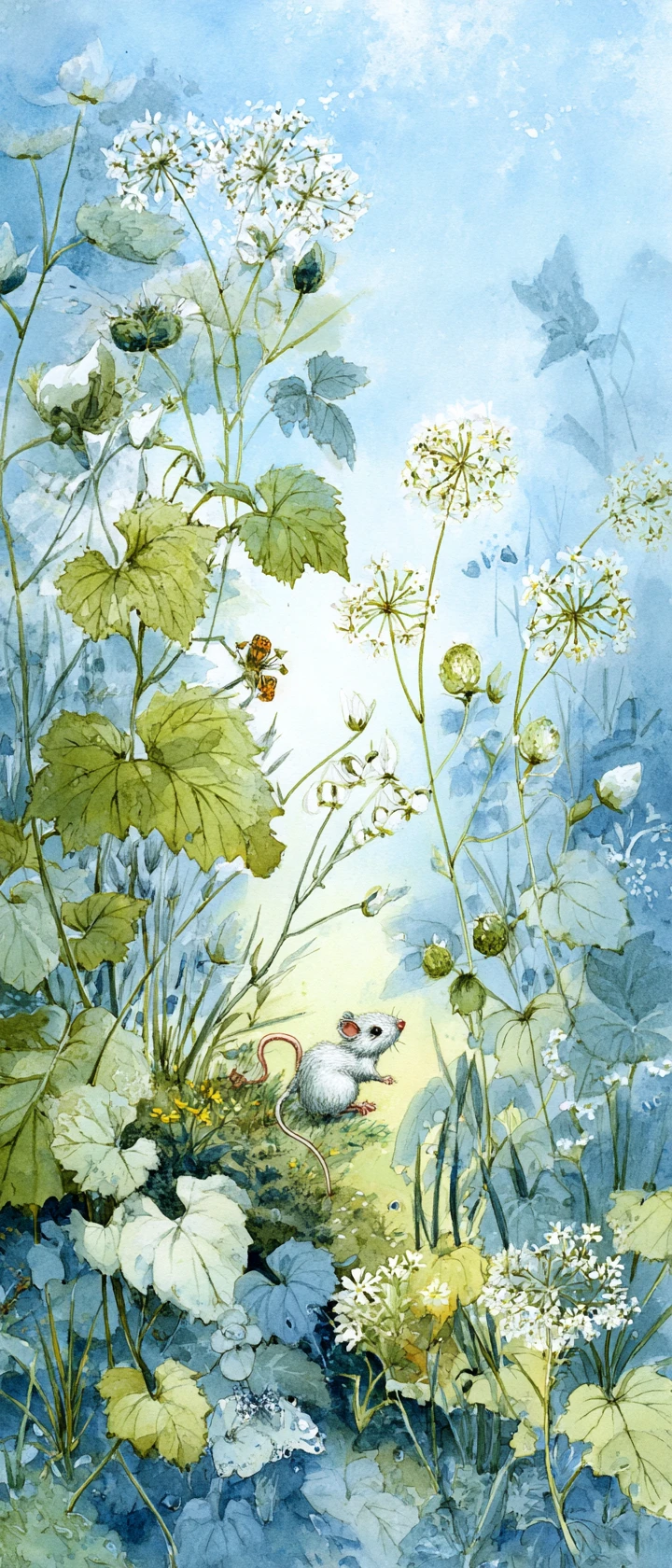Cheerful mouse in a cottage garden among fruits and vegetables