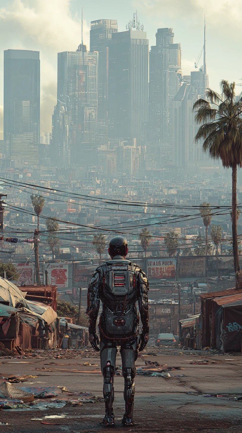 Ciborgue observando a caótica paisagem futurista de Los Angeles