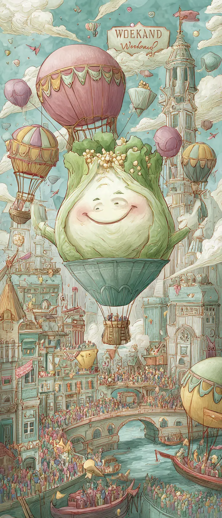 Personaje de col fantasioso en una animada ciudad en tonos pastel