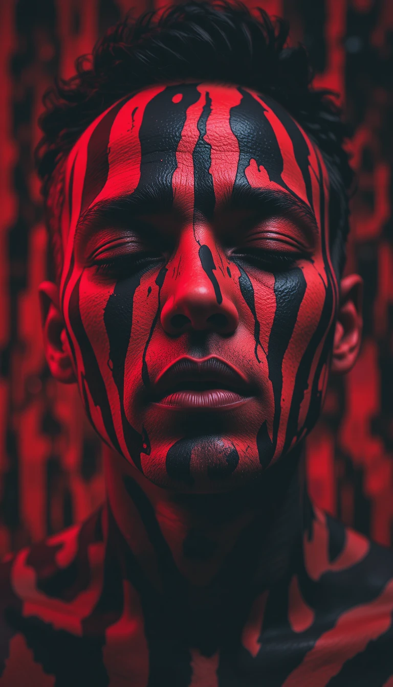 Surreal close up portrait of a man in striped shadows
