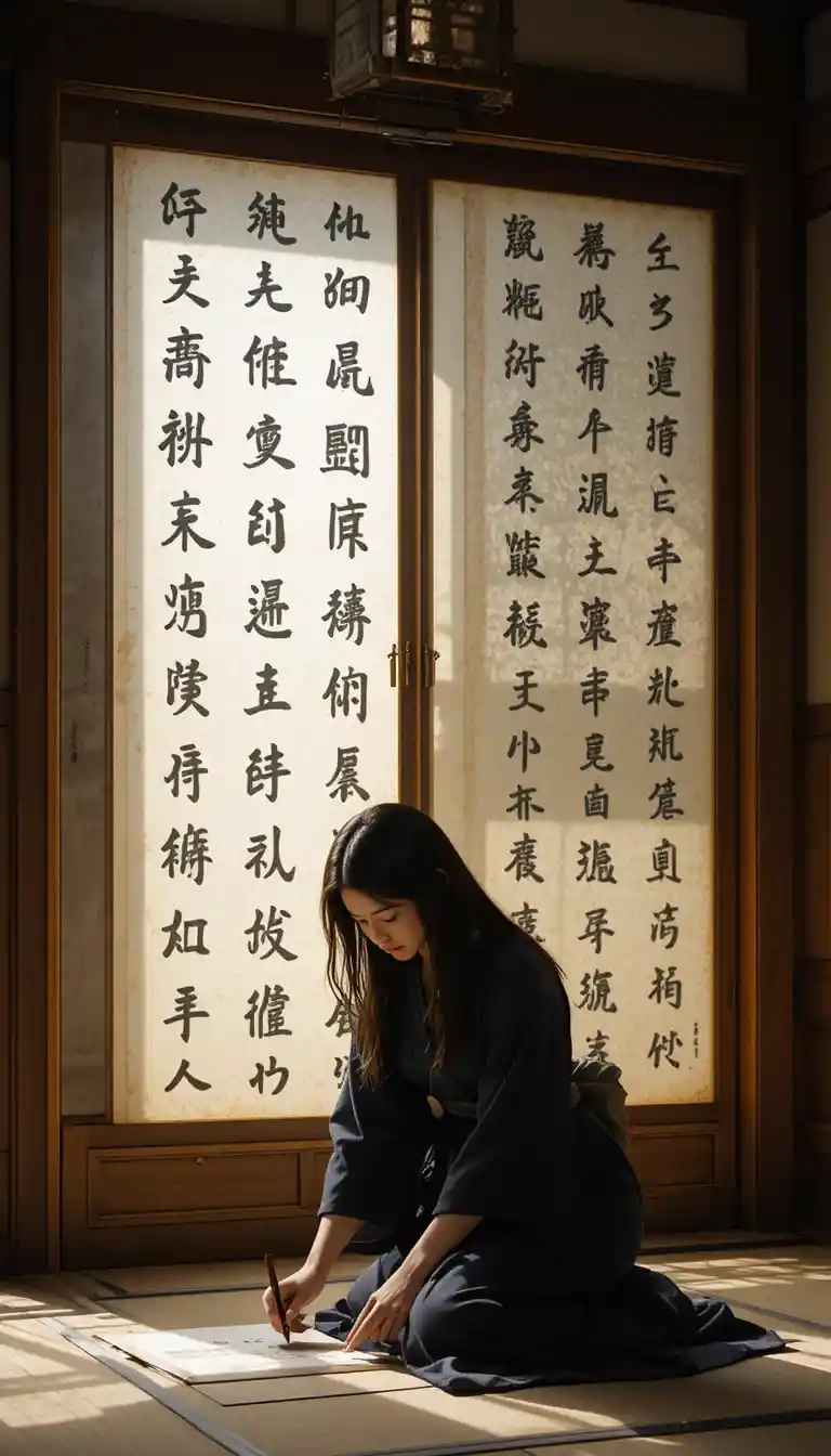 Young woman practicing calligraphy in a quiet Japanese room