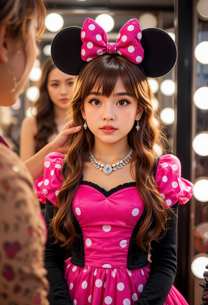 Young boy in Minnie dress getting makeup in dressing room