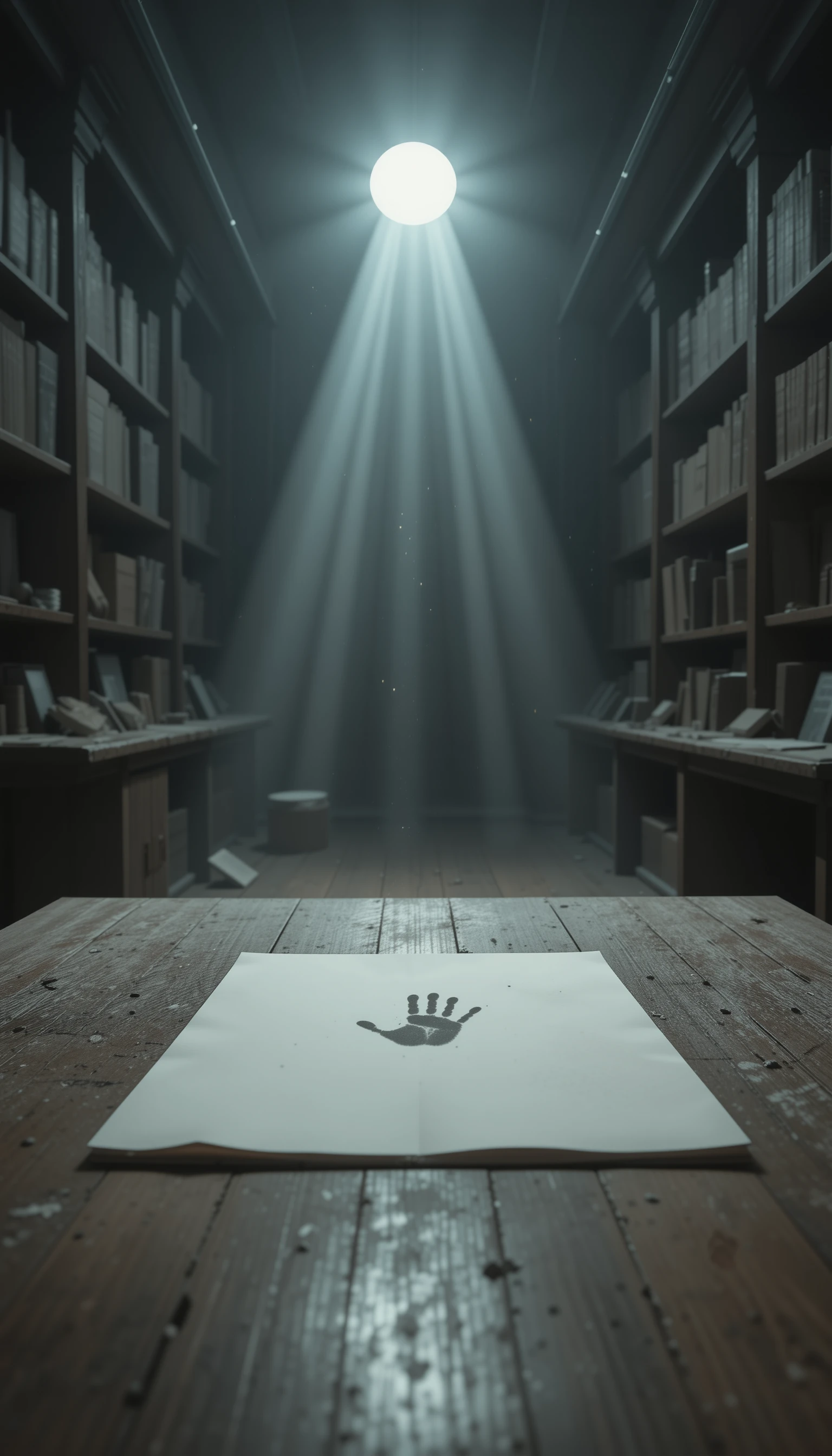Folha em branco com marca de mão fantasmagórica em biblioteca antiga silenciosa
