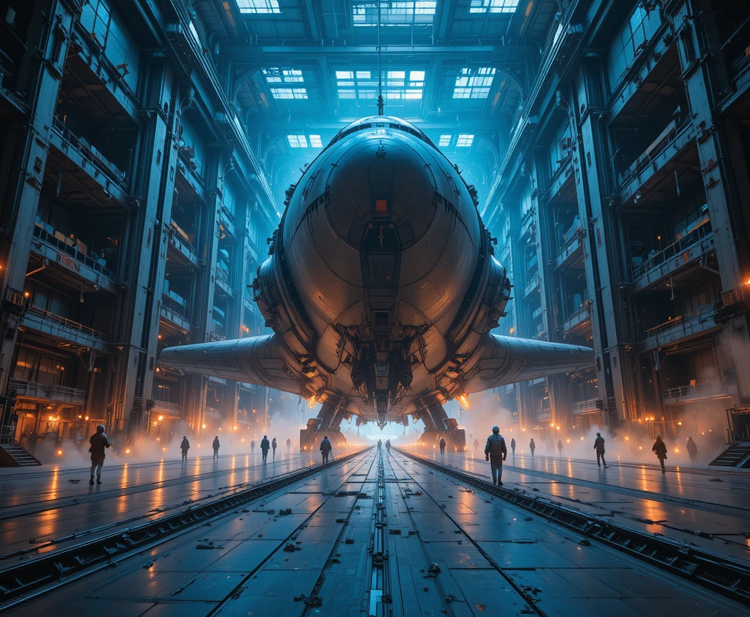 Nave espacial industrial gigantesca em um vasto hangar de estação espacial