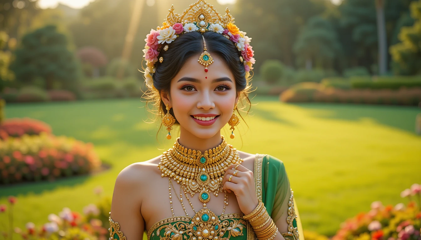 Fröhliche indische Frau mit prunkvollem Schmuck in einem blühenden Garten