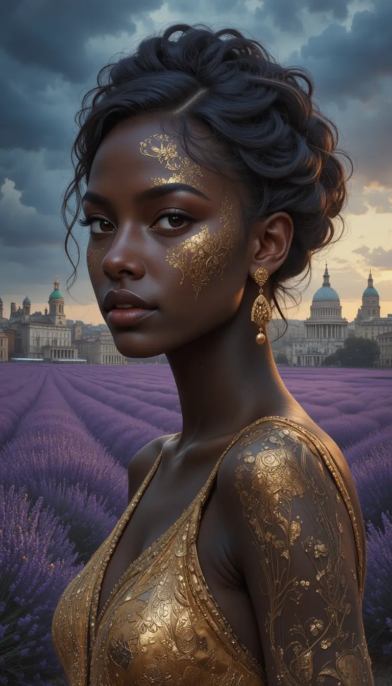 Ethereal girl bathed in soft light beneath a stormy sky
