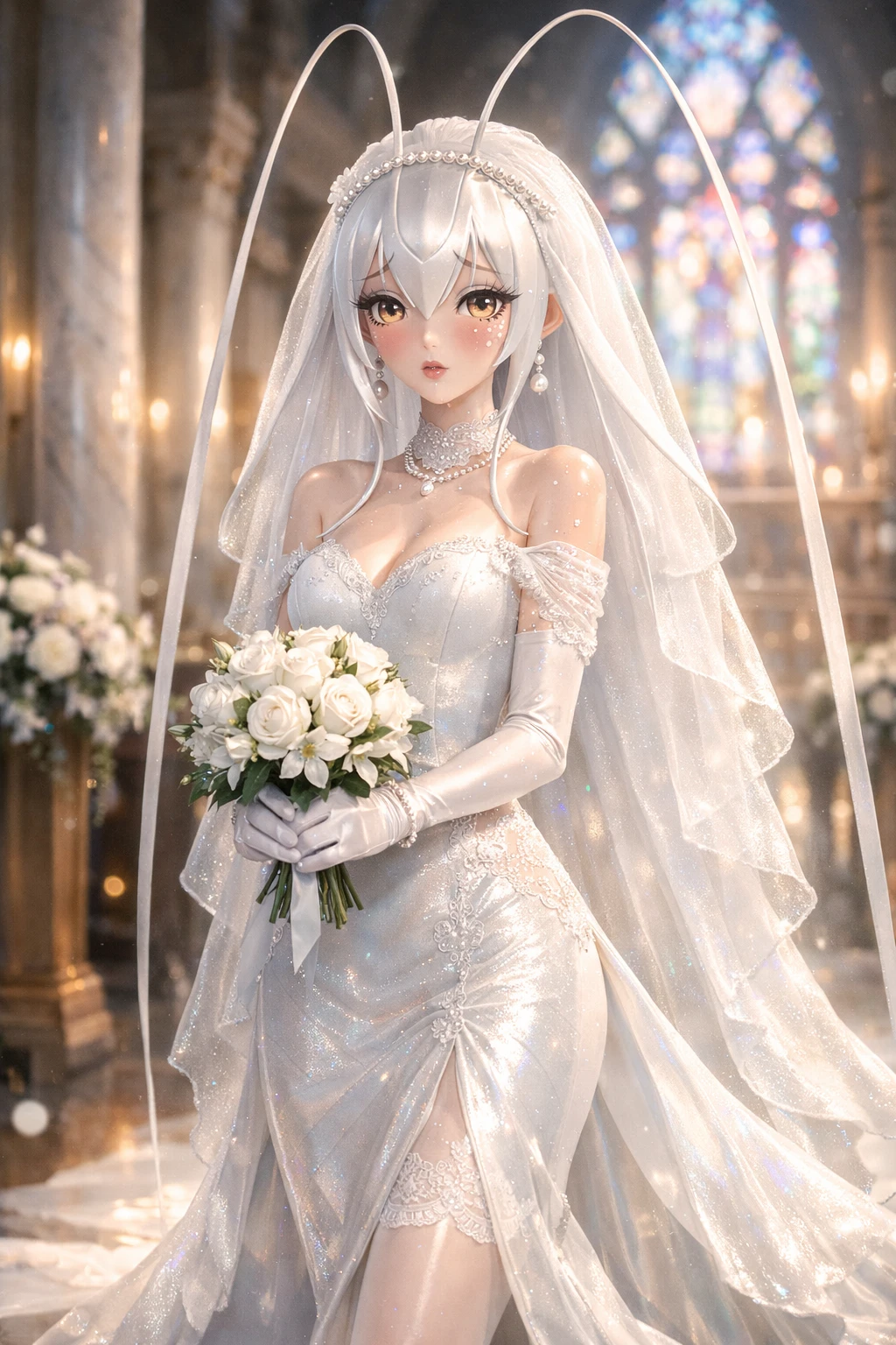 身穿白色禮服在祭壇前緊張的外星新娘