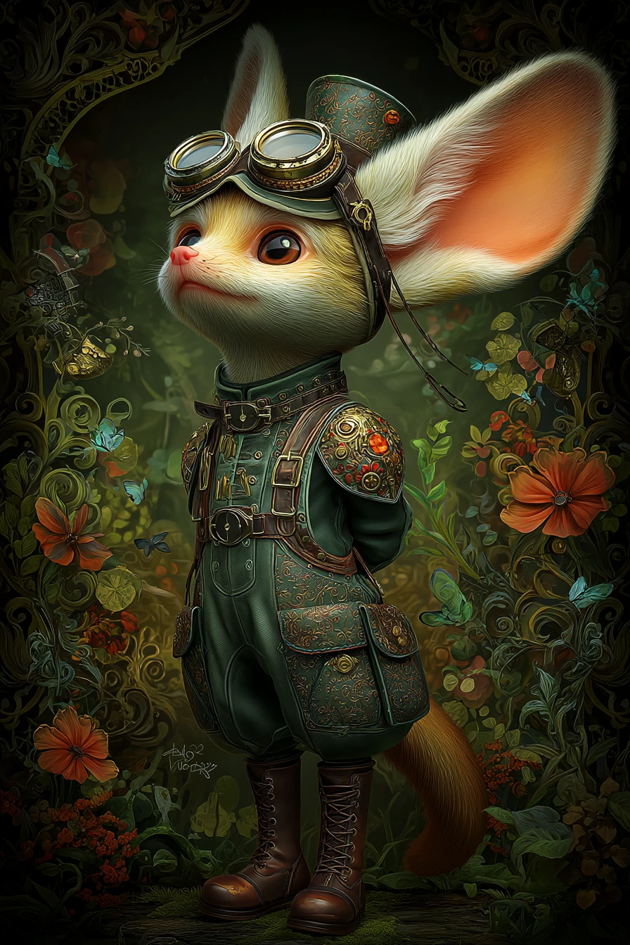Fennec steampunk en combinaison avec lunettes en laiton