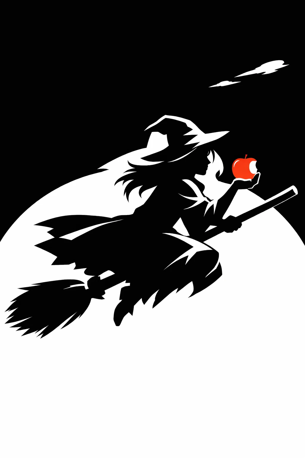Silhouette de sorcière volant avec une pomme rouge croquée dans un ciel au clair de lune