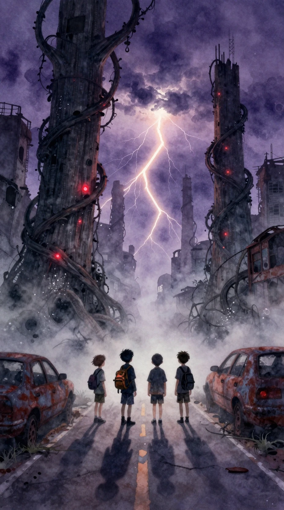 Four boys on a floating road in surreal watercolor landscape