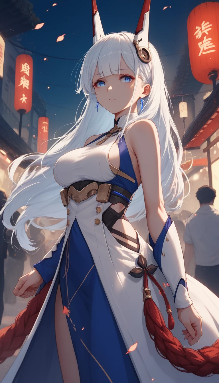 Anime woman with blue eyes posing in a public space