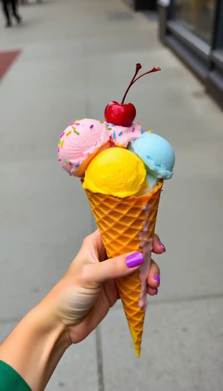 Woman holding a giant melting ice cream waffle cone