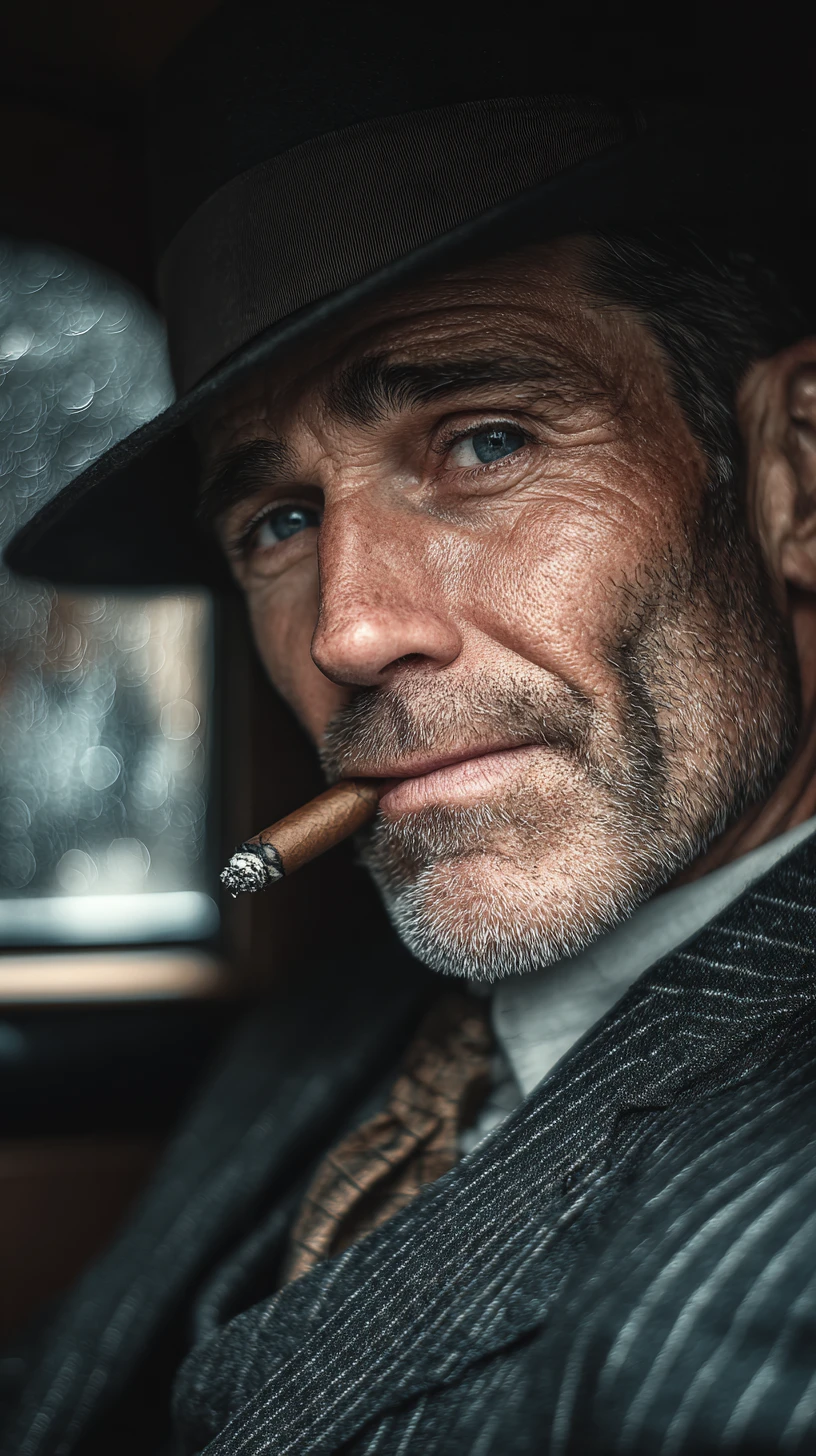 Gangsterboss zielt mit einer Thompson aus dem Fenster eines Vintage-Autos