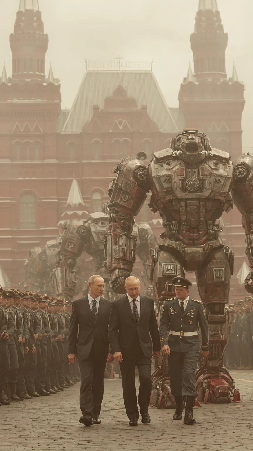 Mechas futuristas alinhados em uma praça enevoada de Moscou