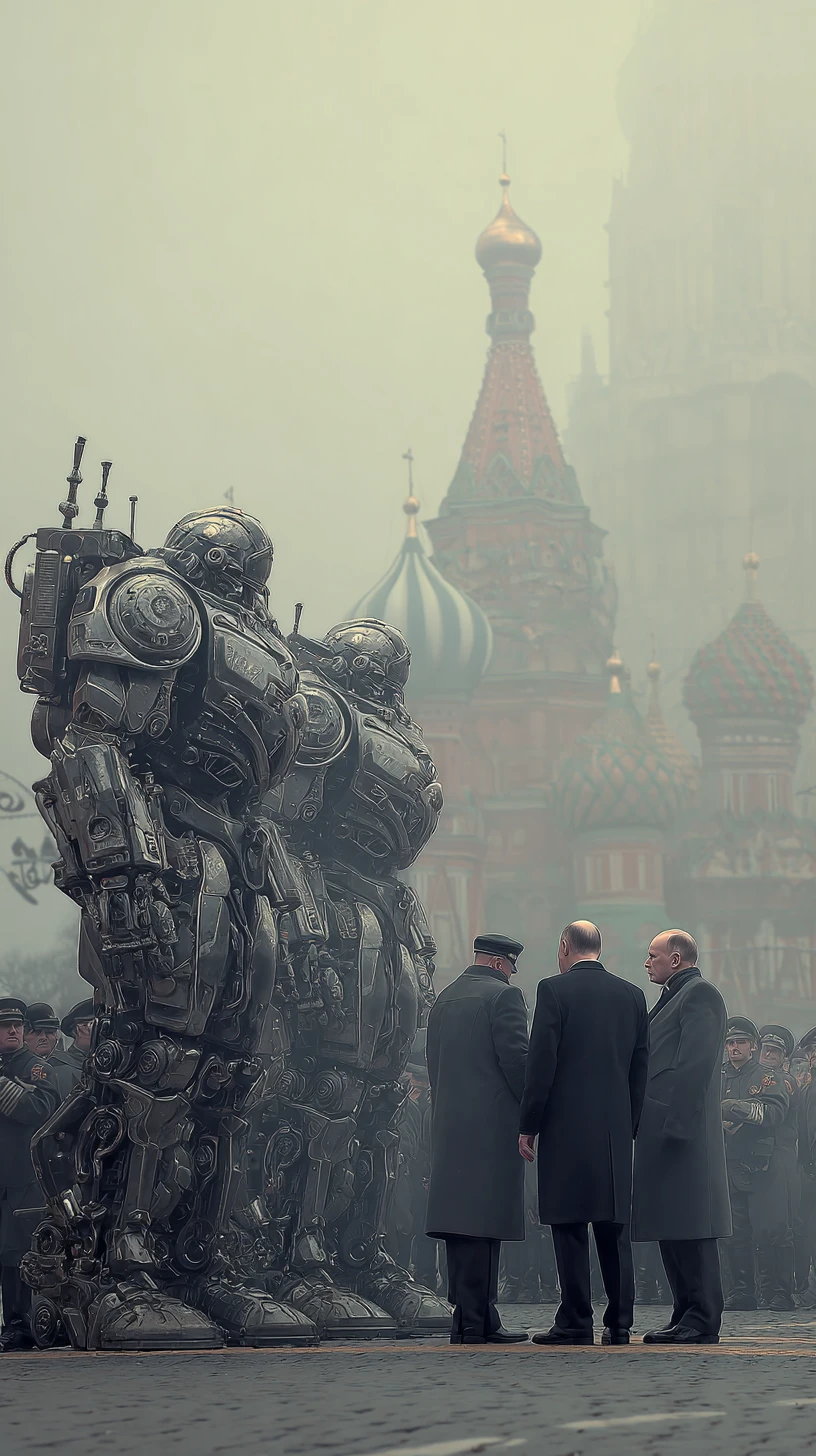 Mechas de guerra futuristas inspecionados em uma praça da cidade devastada