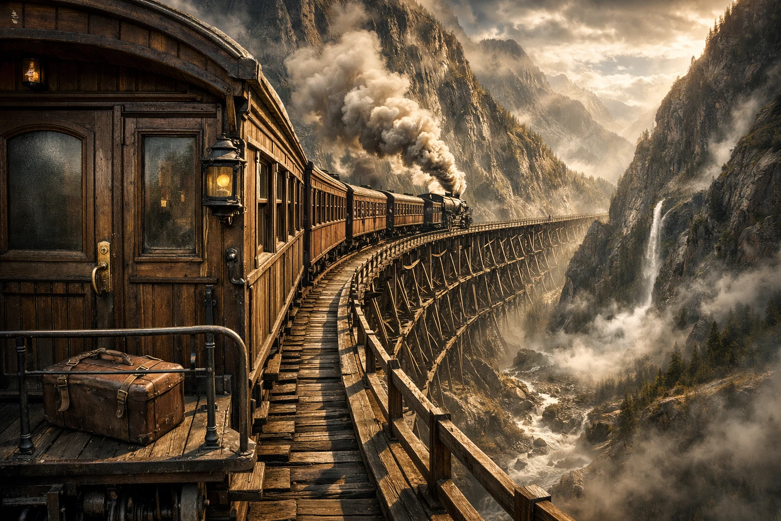 Old steam train curving across a wooden mountain bridge