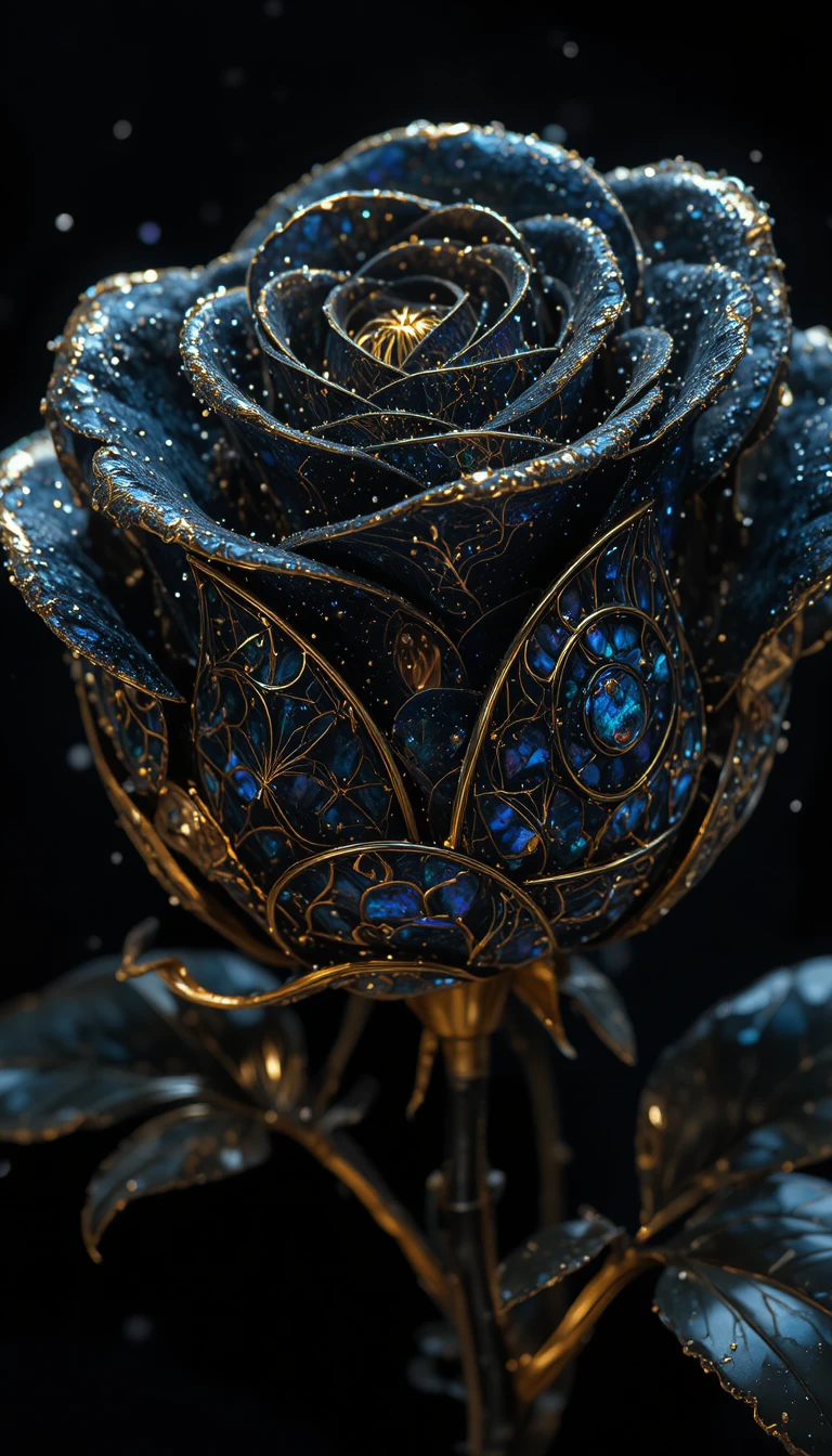 Close up black opal rose sculpture with cosmic reflections