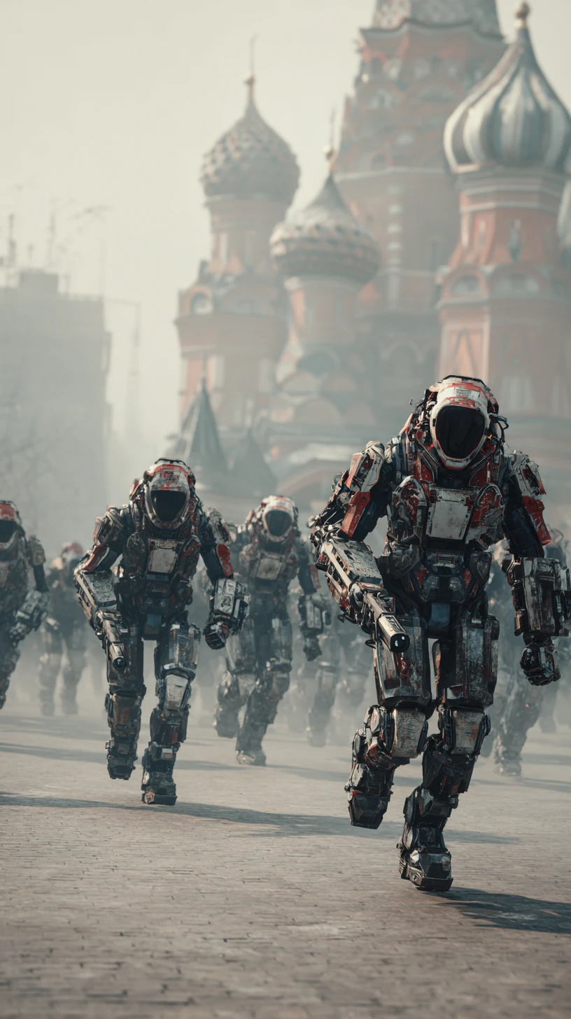 Mechas de combate futuristas enfrentando soldados na Praça Vermelha de Moscou