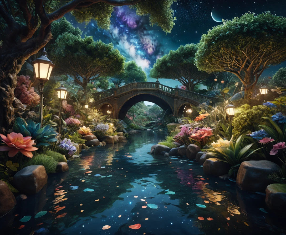 Surrealer Paradiesgarten unter einem himmlischen, sternenübersäten Himmel