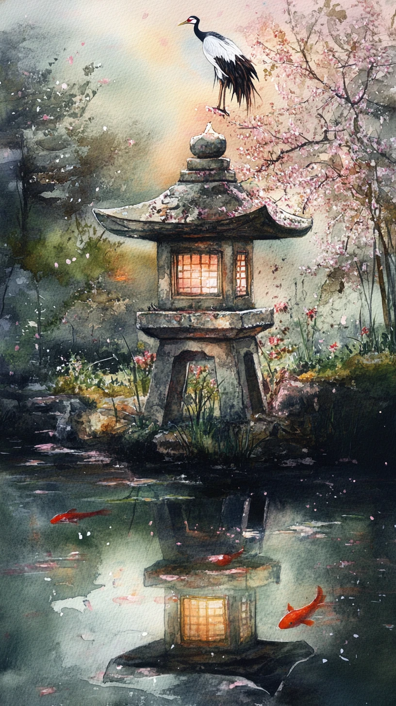 Jardim japonês sereno com garça e lago de carpas iluminado por lanterna