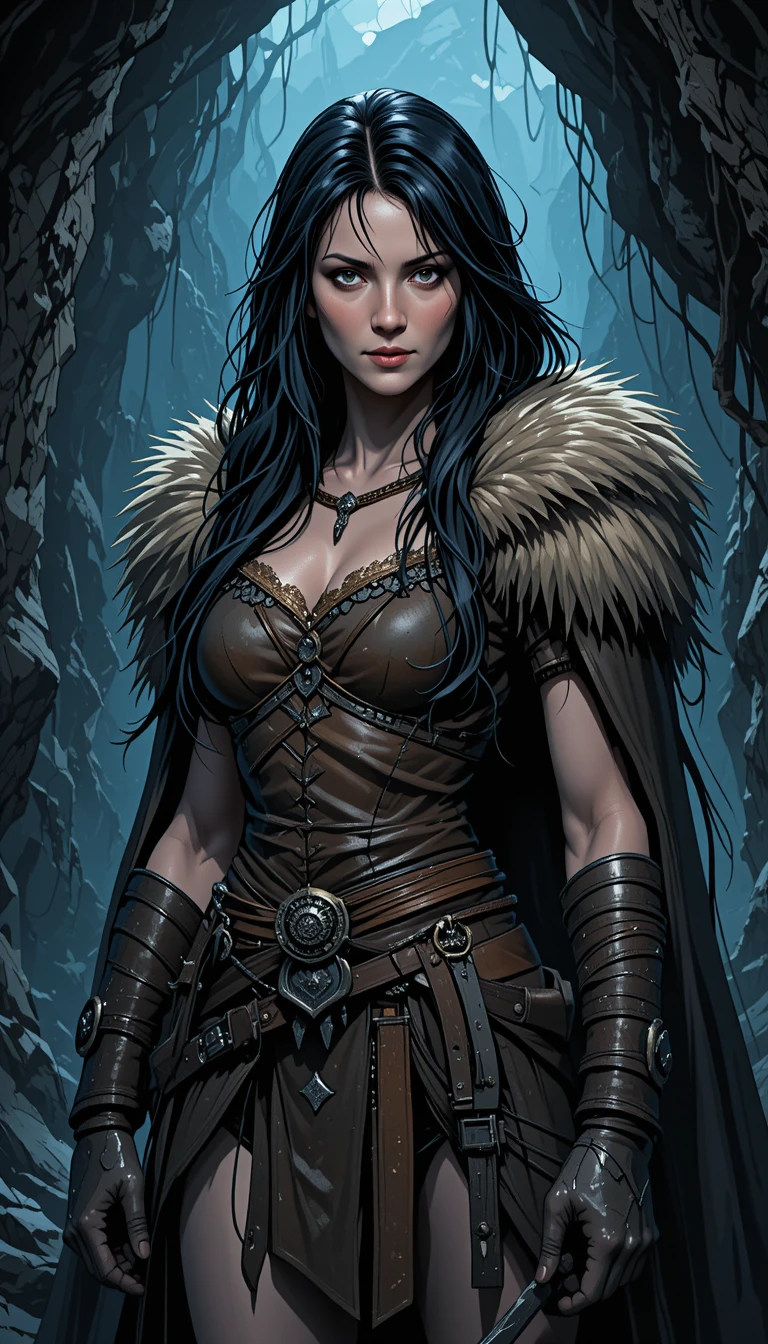 Medieval warrior maiden in a dark damp cave