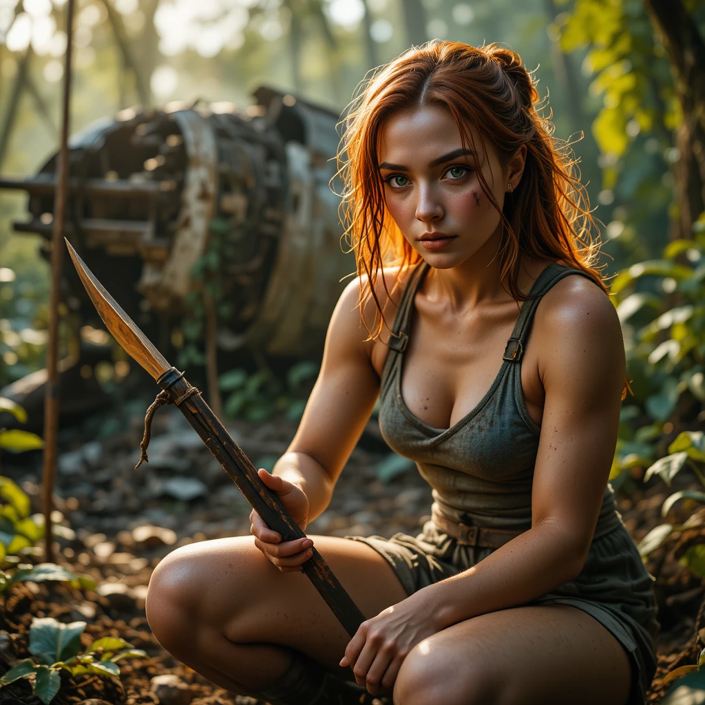 Determined redhead sharpening a spear in jungle ruins