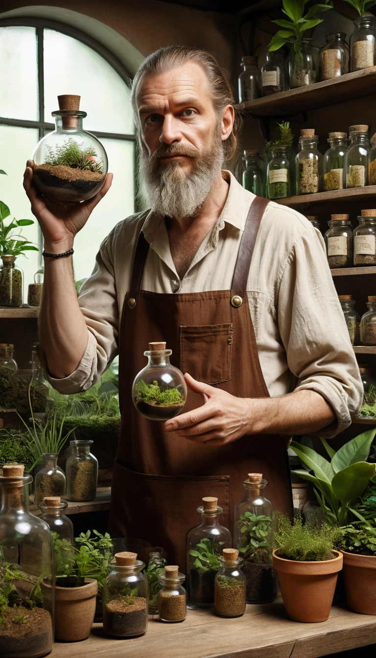 Botanist holding terrarium in a rustic apothecary shop