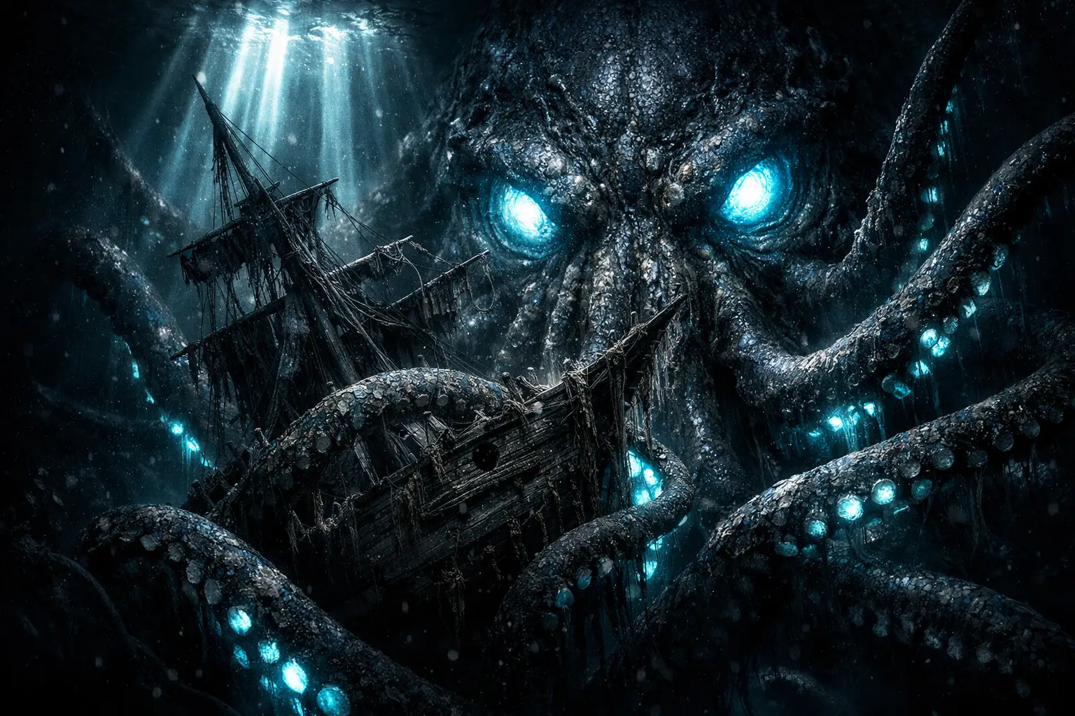 Cinematic close up of a colossal kraken and pirate wreck