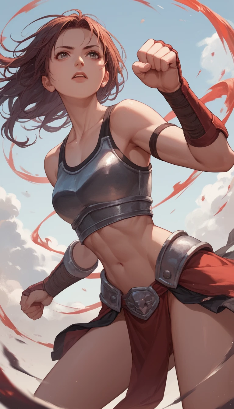 Young warrior woman fighting in anguish on battlefield