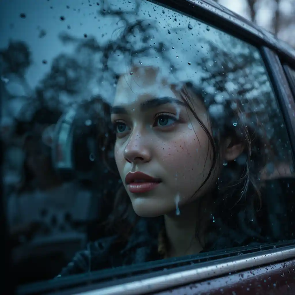 Femme latina regardant par la vitre d’une voiture sous la pluie de printemps