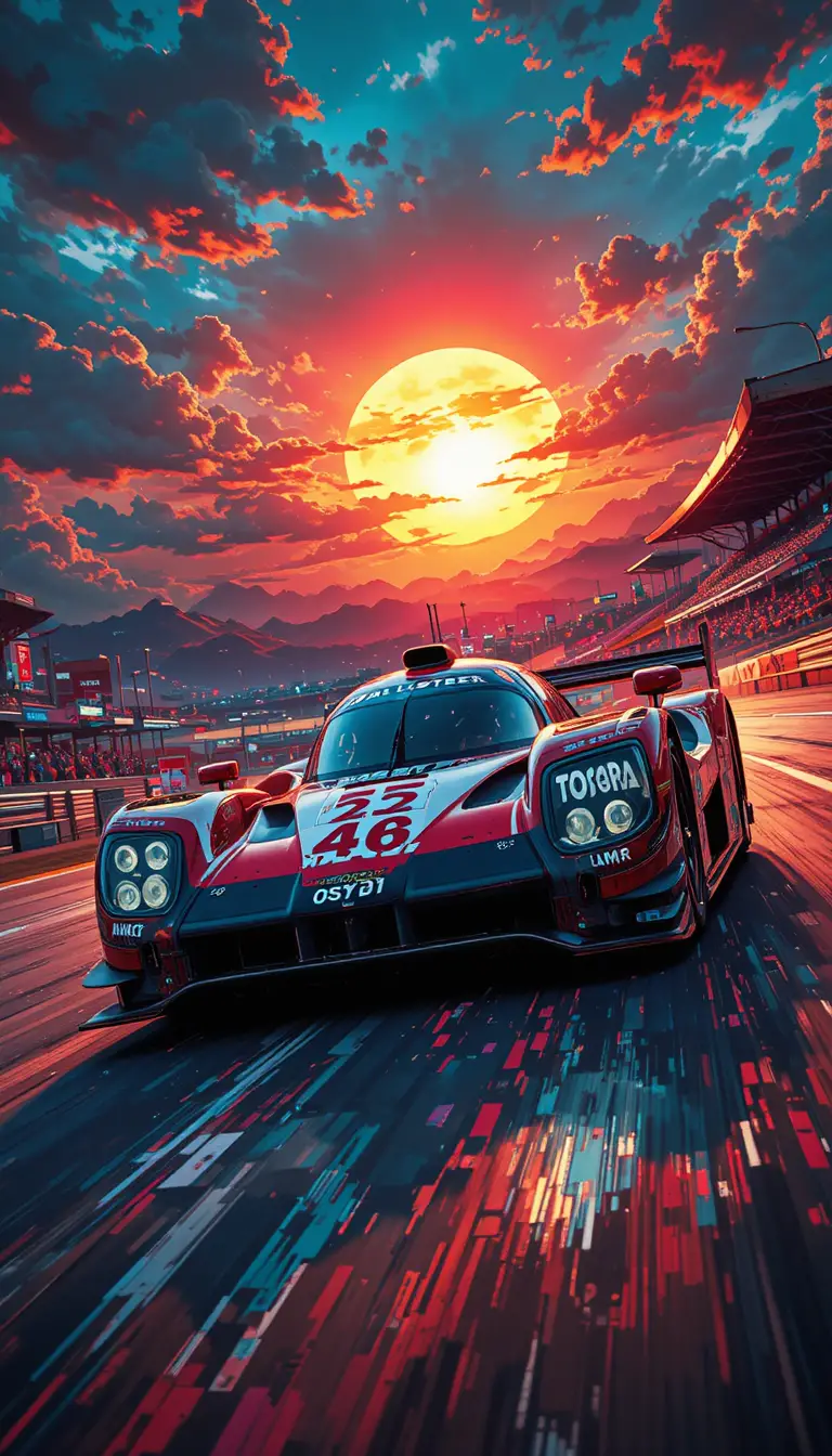 Toyota prototype race car on global circuit at sunset