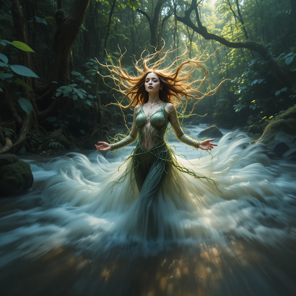 Uomo che si dissolve in elementi fluttuanti di foresta e acqua