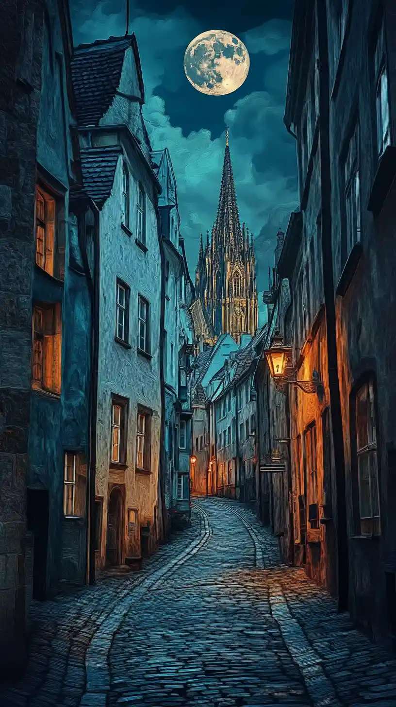 Moonlit european street leading toward a distant gothic cathedral
