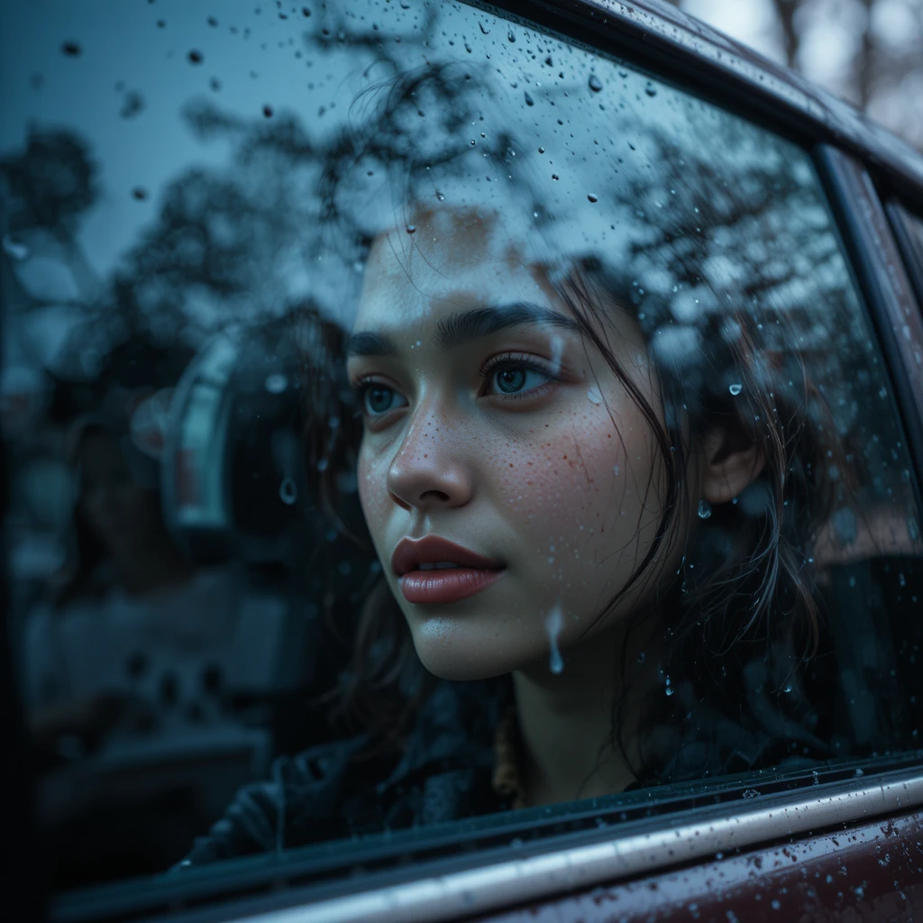 Femme latina regardant par la vitre d’une voiture sous la pluie de printemps