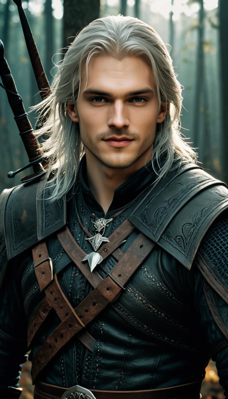 Jovem guerreiro em pose ao estilo Witcher após batalha contra monstro