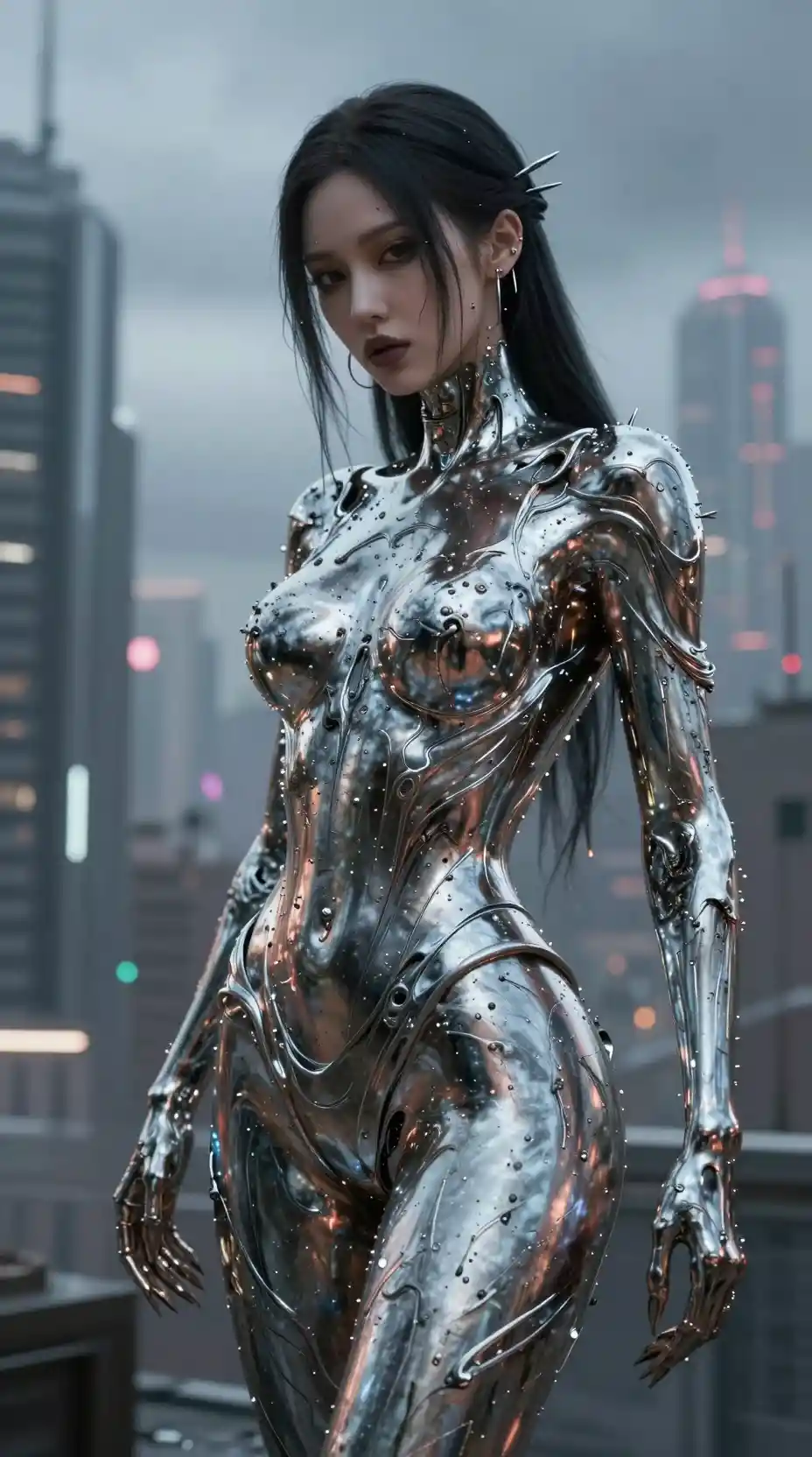Tattooed cyberpunk woman melting into flowing molten metal