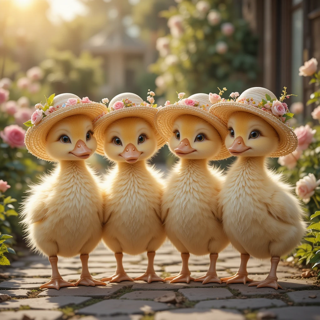 Quatro patinhos com chapéus vitorianos em um caminho de jardim