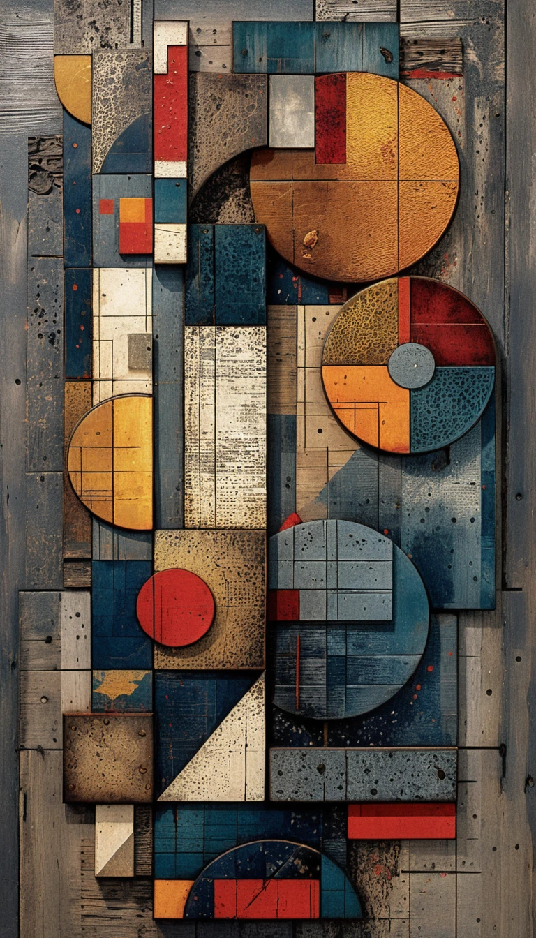 Austrazione geometrica verticale in mixed media su pannello di legno scuro