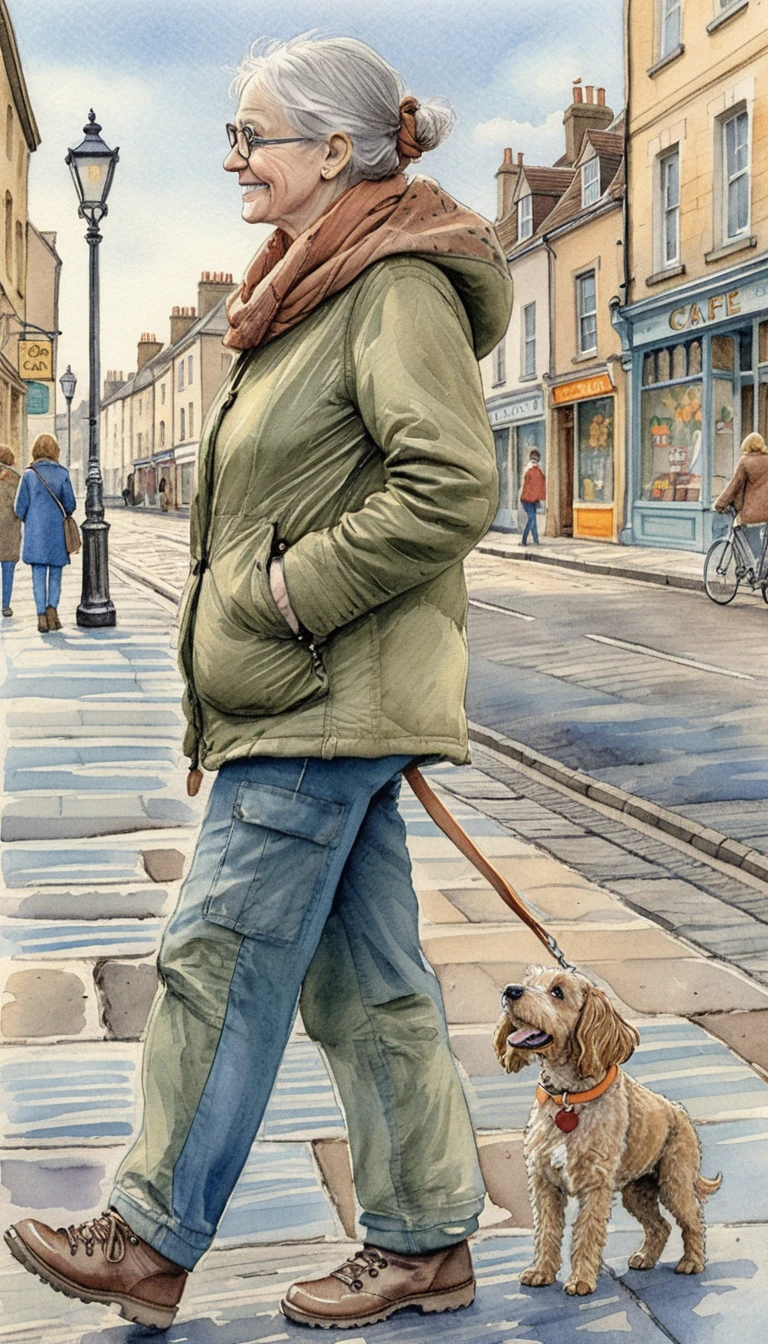 Mujer británica mayor paseando un cockapoo por una calle principal inglesa